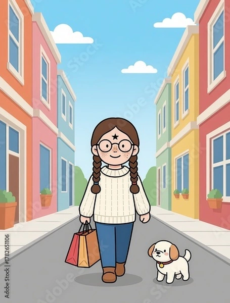 Fototapeta A cheerful girl with glasses and braids walks down a sunny, colorful street with her small white puppy, carrying shopping bags — happy, relaxed, and perfect for themes of friendship and daily life.