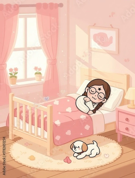 Fototapeta A young girl with glasses sleeps soundly in her cozy pink nursery, snuggled under a heart-patterned blanket, while a small white puppy rests on a rug nearby — serene, sweet, and heartwarming.