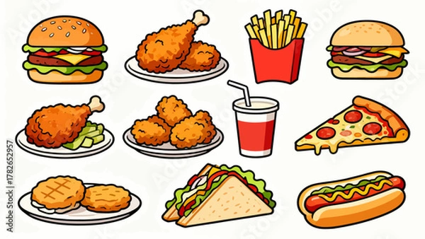 Obraz Fast food, hamburgers, French fries, fried chicken, hot dogs, sandwiches, soda, pizza, chicken legs, tacos, chicken rolls, cartoon hand-drawn vector illustrations