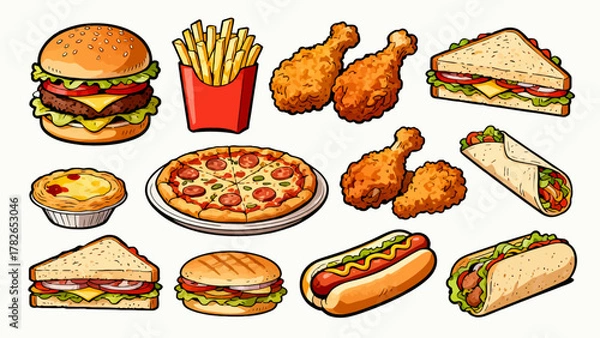 Obraz Fast food, hamburgers, French fries, fried chicken, hot dogs, sandwiches, soda, pizza, chicken legs, tacos, chicken rolls, cartoon hand-drawn vector illustrations
