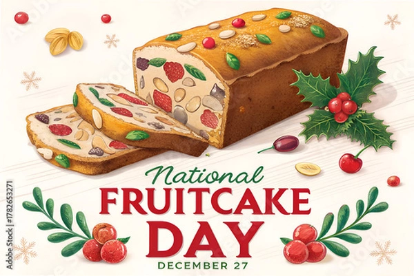 Fototapeta "National Fruitcake Day Celebration: A Festive Illustration of Sliced Holiday Fruitcake with Holly and Berries on a Wooden Background"