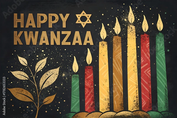 Fototapeta "Vibrant 'Happy Kwanzaa' Greeting Card with Kinara, Menorah, and Olive Branch - A Celebration of Unity and Light"