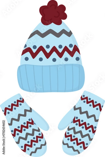 Fototapeta Illustration of blue knit hat with a pom-pom and mittens with ornament. Winter accessories isolated on white