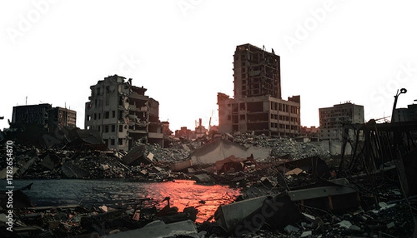 Obraz Devastated cityscape with crumbled buildings, dark sky, and red light reflecting