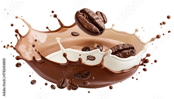Obraz Coffee beans splashing into a creamy, split liquid; chocolate and milk