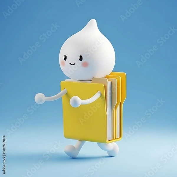 Fototapeta A charming 3d render of a cute cartoon character with a file folder body, walking happily on a blue surface, isolated on white background