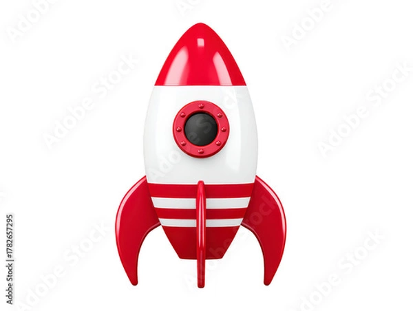 Fototapeta Red and white rocket ship with round window, isolated on transparent background, playful and futuristic design, evokes excitement and adventure for children and space enthusiasts