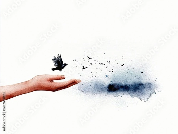 Obraz A human hand is open, releasing a flock of small black birds into a watercolor wash of blue and grey clouds.