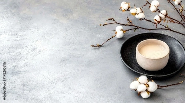 Obraz A minimalist composition featuring a beverage in a bowl, surrounded by cotton branches, set against a textured gray surface.