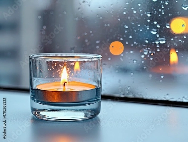Obraz A single lit candle in a glass holder is placed on a windowsill, with raindrops visible on the window, creating a peaceful and cozy scene.