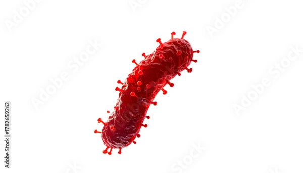 Obraz A realistic, red, rod-shaped microscopic organism with spike-like protrusions