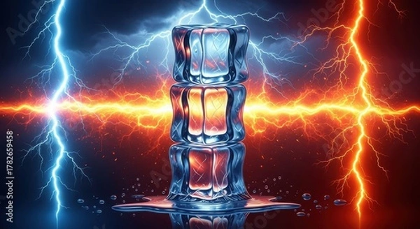 Obraz Tower of ice cubes illuminated by contrasting blue and orange lightning bolts in a dramatic display