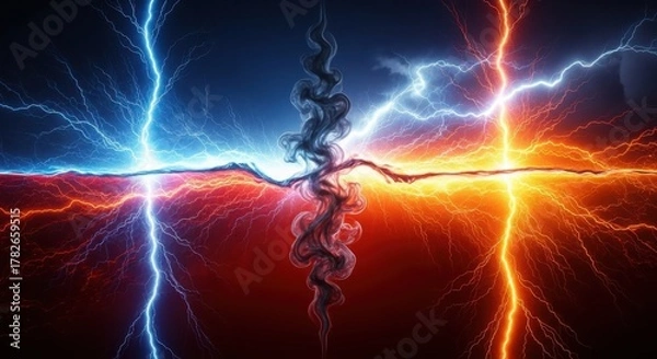 Fototapeta Powerful clash of opposing forces depicted by vibrant blue and orange lightning bolts colliding