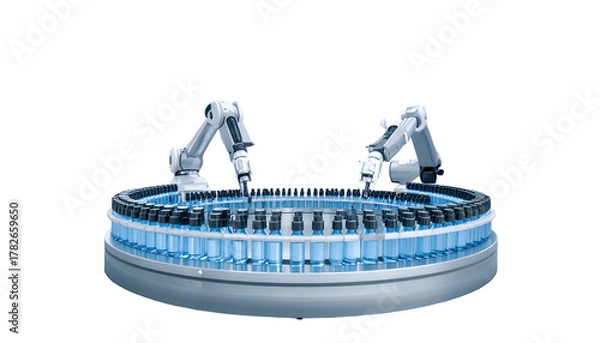 Obraz Robotic arms filling vials on a circular conveyor belt in a pharmaceutical setting