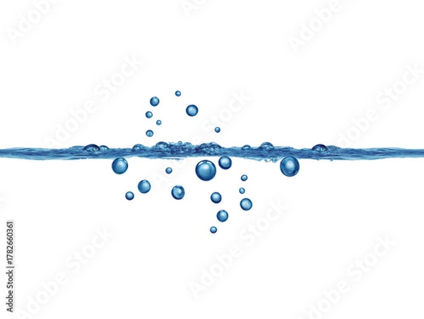 Fototapeta Clear water surface with floating bubbles transparent background realistic blue liquid refreshing and clean suitable for concepts of purity hydration freshness and nature