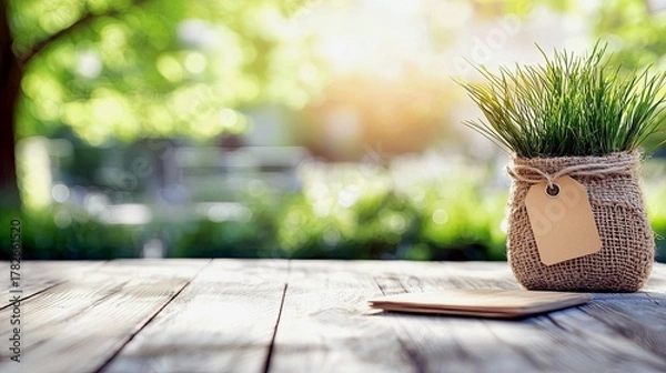 Obraz A small potted plant in a burlap sack with a blank tag sits on a wooden table, with a soft, sunlit green background.