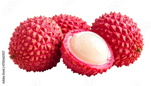 Obraz Close-up of several vibrant red, textured fruits, one cut open to reveal white flesh