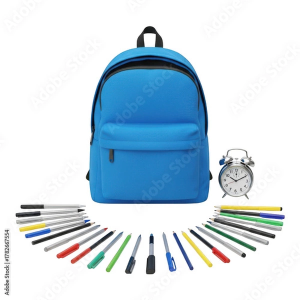Obraz Bright blue backpack with assorted pens and alarm clock isolated on transparent background