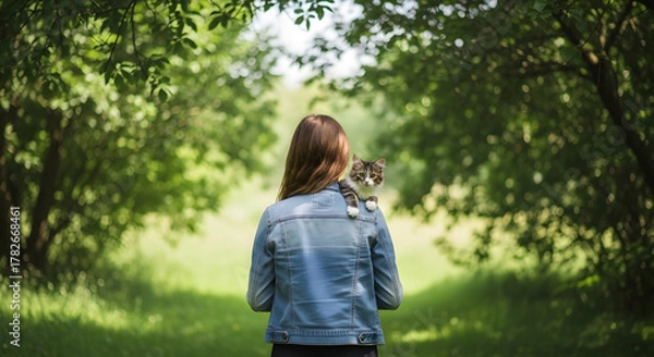 Obraz Young woman with cat on shoulder walking in the park on a sunny summer day