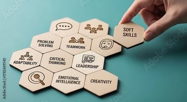 Fototapeta Hand placing a hexagon tile labeled soft skills into a honeycomb structure of various professional skills