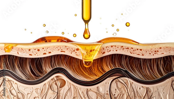 Obraz Cross-section depiction of skin and hair, with a serum droplet being applied