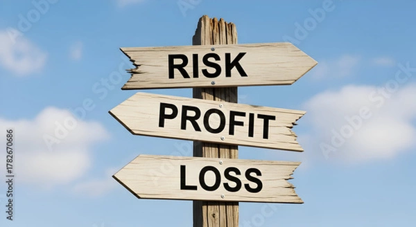 Obraz Wooden signpost with the words risk, profit and loss against a blue sky background