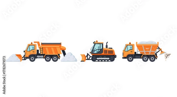 Fototapeta Three Orange Winter Service Vehicles Snowplow Bulldozer and Salt Spreader.