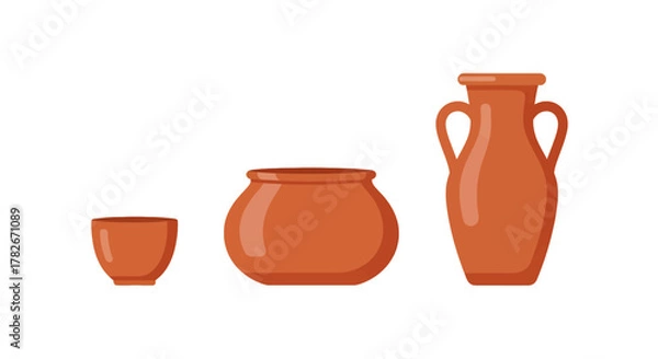Fototapeta Three Simple Terracotta Pottery Vessels in Various Shapes and Sizes.