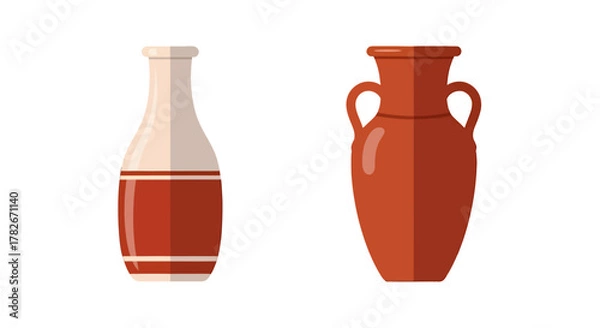 Fototapeta Two Stylized Ceramic Vases with Handles and Decorative Bands Isolated.