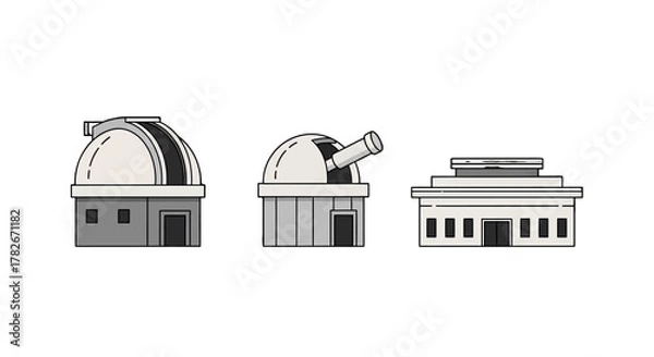 Fototapeta Vector Illustration of Three Distinct Observatory Buildings in Simple Style.
