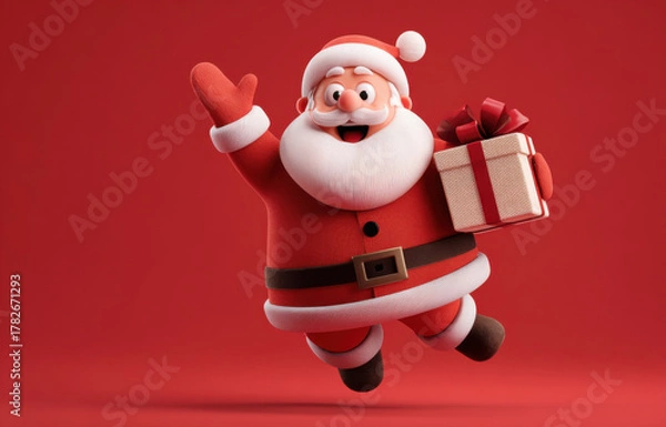 Obraz Cheerful Santa Claus character in red suit, waving joyfully while holding a beautifully wrapped gift, embodying the spirit of Christmas celebration and holiday cheer