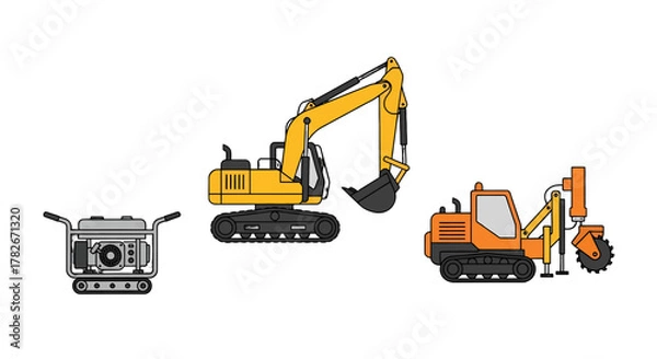 Fototapeta Yellow Excavator Orange Trencher and Gray Generator Set.