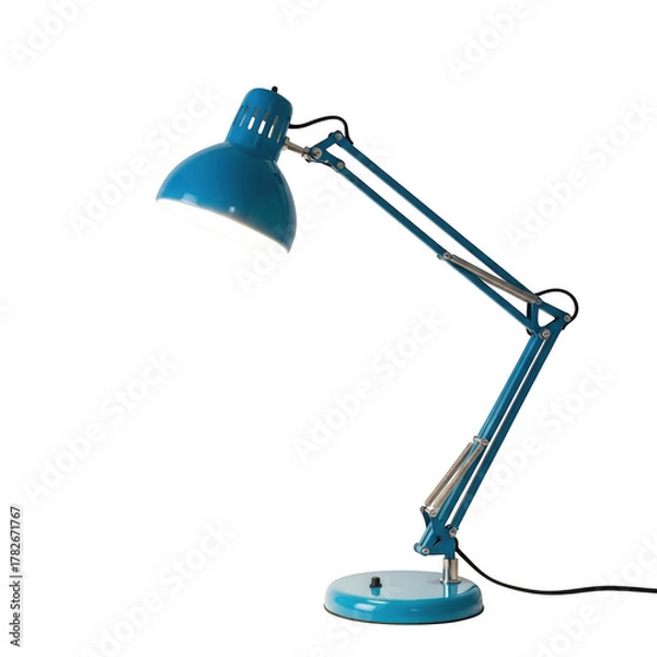 Obraz Adjustable blue desk lamp with articulated arm and bright light isolated on transparent background