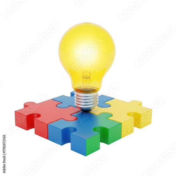 Obraz Illuminated light bulb resting on colorful puzzle pieces isolated on transparent background