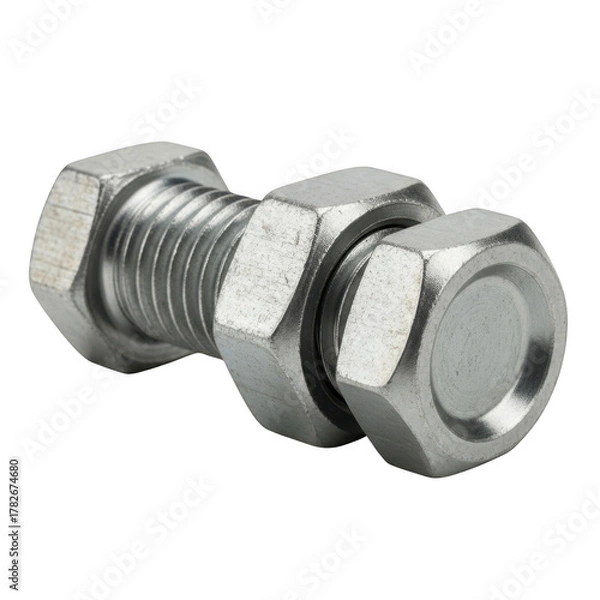 Obraz Close up of a metal bolt and nut assembly isolated on transparent background