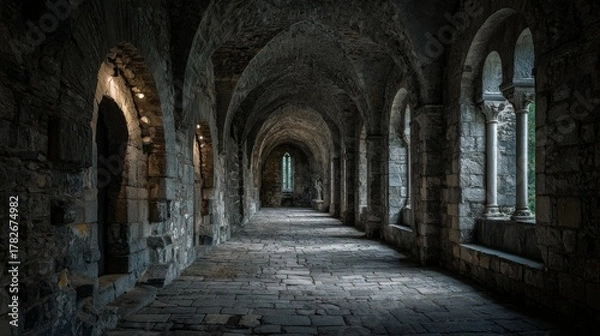 Fototapeta Ancient stone architecture of a European monastery's interior shows light streaming through a series of arches in the dark corridor