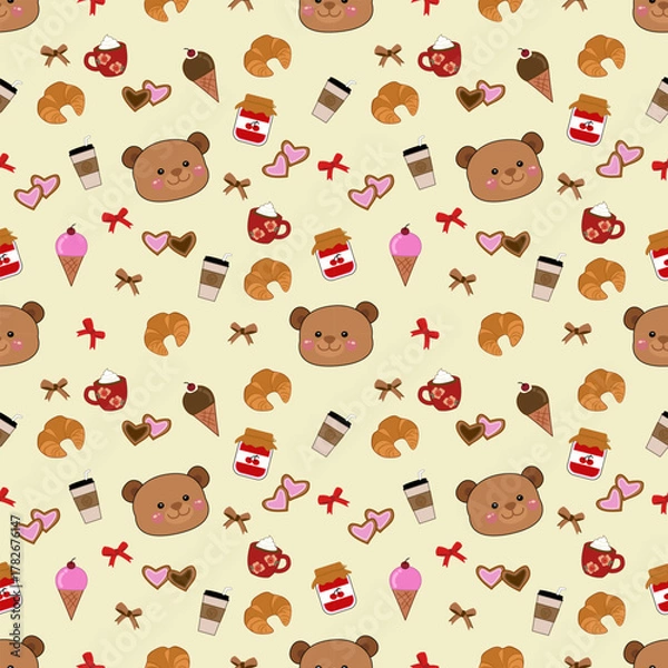 Fototapeta Cute cartoon teddy bear vector seamless pattern illustration background for baby design