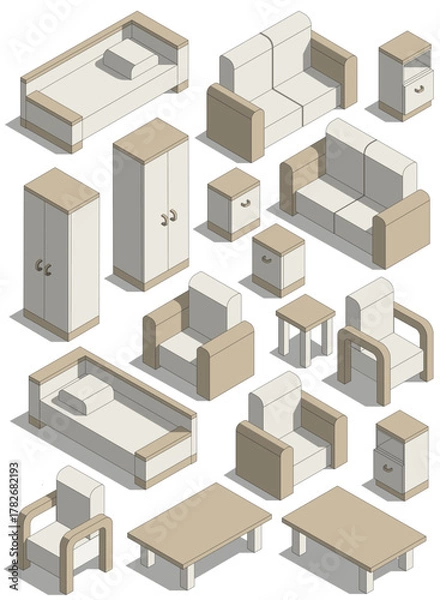 Obraz Living room furniture set. Isometric. Isolated on white background. Vector illustration.