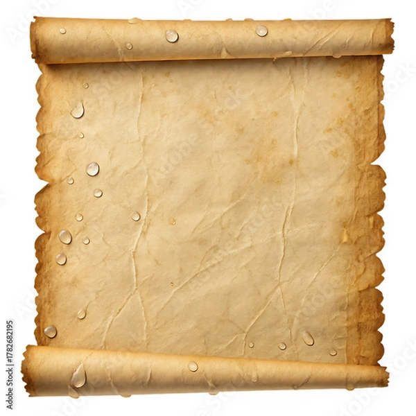Fototapeta Aged parchment scroll with water droplets and torn edges for fantasy or historical themes and designs