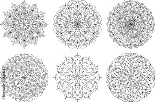Fototapeta Mandala anti-stress coloring set six intricate circular patterns