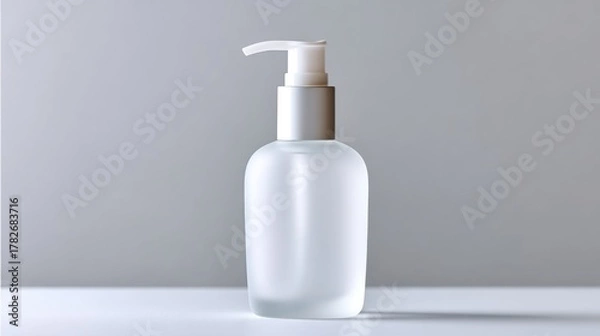 Fototapeta Frosted glass pump bottle with minimal design, clean white background, no logo, elegant modern shape