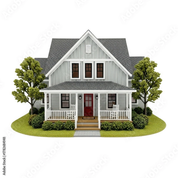 Obraz Detailed architectural model of a charming two story farmhouse with a porch isolated on transparent background