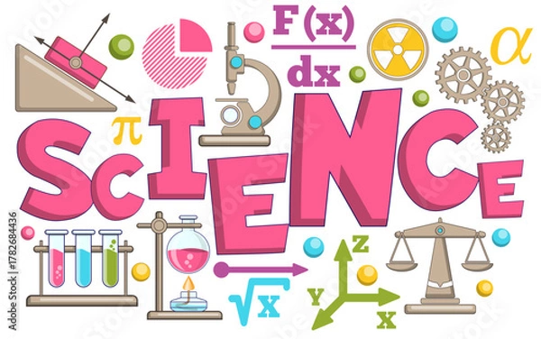 Obraz Science. Lettering. A set of scientific icons. Isolated on white background. Vector illustration.