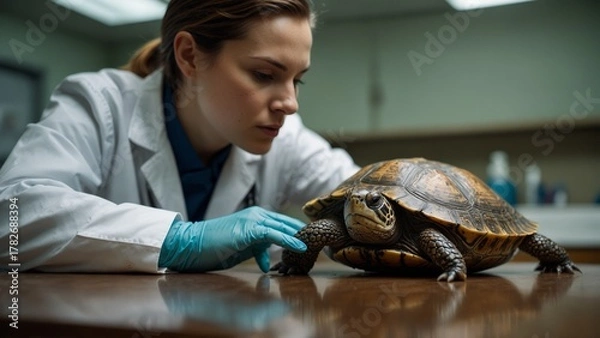 Obraz Female veterinarian examining turtle on clinic table
