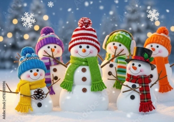 Obraz A cheerful group of snowmen dressed in colorful winter hats and scarves