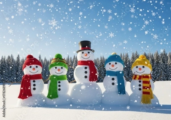 Obraz Five cheerful snowmen dressed in winter hats and scarves stand in a snowy forest