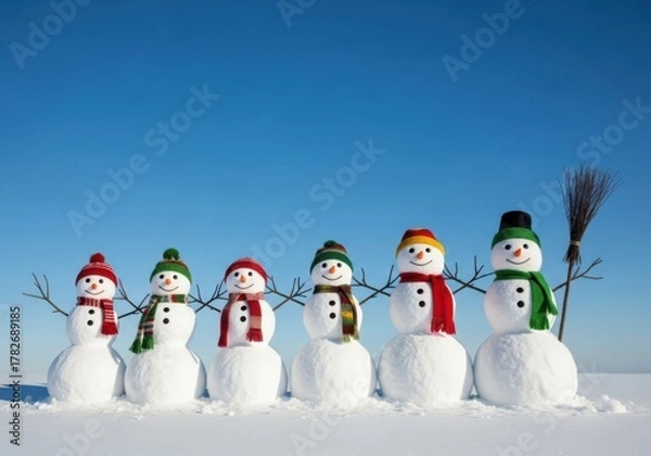 Obraz A line of adorable snowmen with hats and scarves under a blue sky