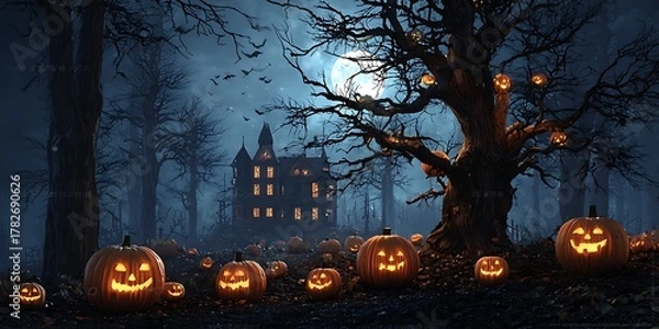 Obraz 3D-rendered Halloween background featuring pumpkins and a haunted house. Dark, eerie forest setting with a sinister pumpkin. Perfect for a spooky Halloween night or holiday event banner concept.