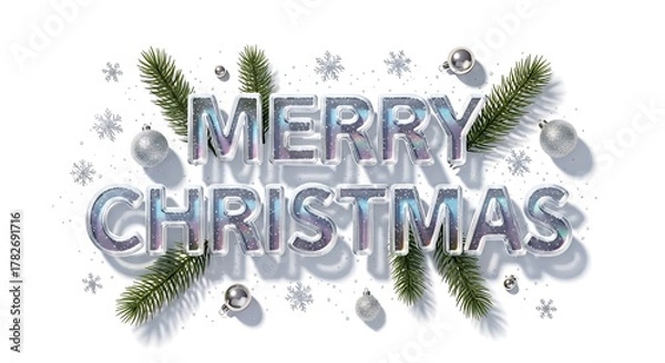Obraz Sparkling Merry Christmas text with festive ornaments and pine branches on white background