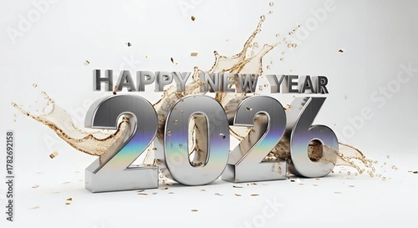 Fototapeta Celebrate the New Year 2026 with dynamic champagne splash and golden confetti!